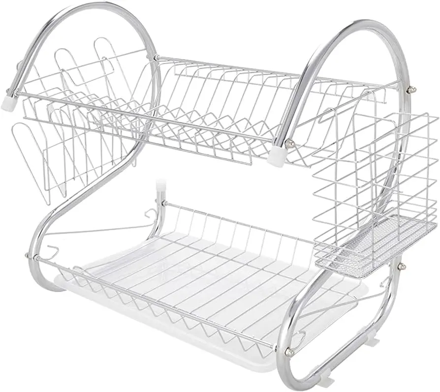 ✅2 Layer Plate Rack with plastic Tray S Shape Stainless Steel