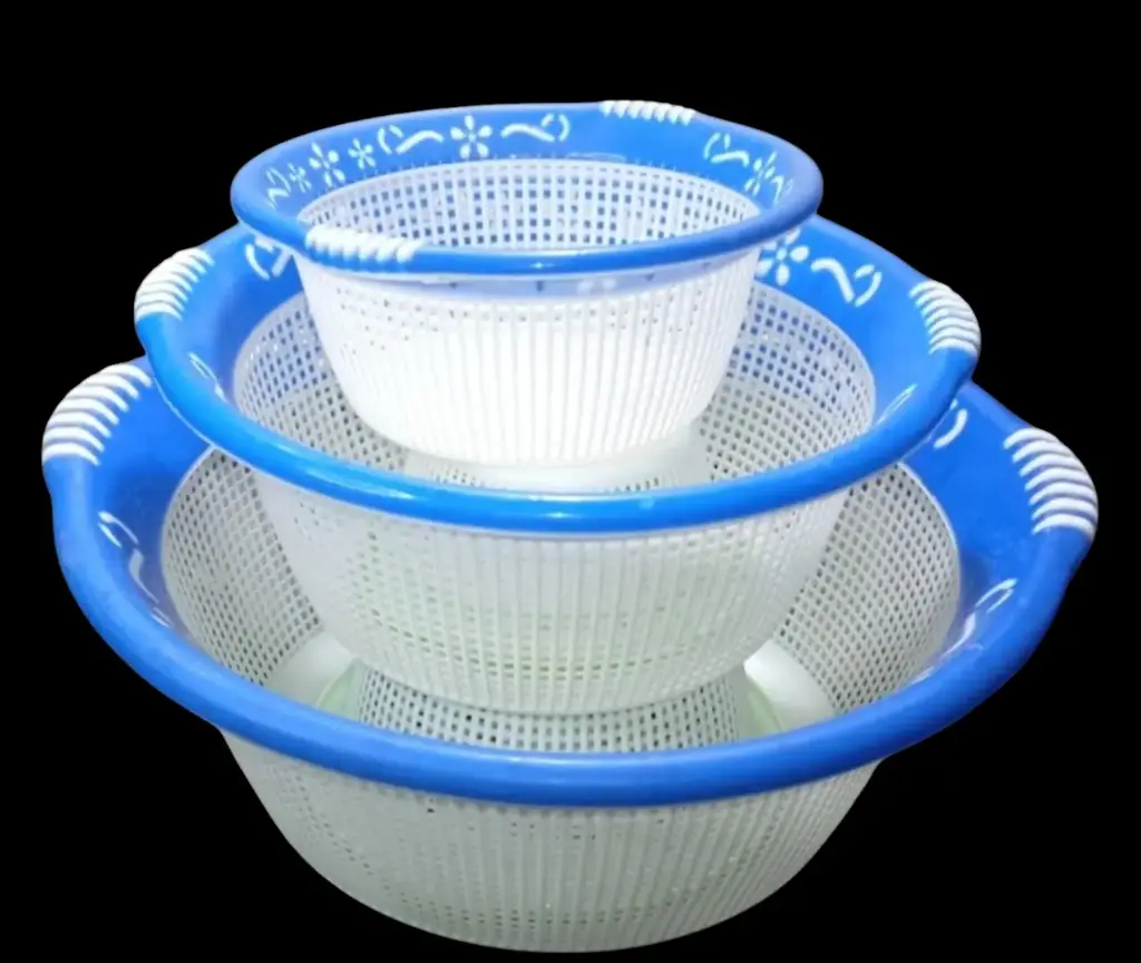 3 Piece Plastic Fruit Tokri set color bule & white (White & green, Small)